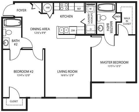 Floor plan for 2 beds, 2 baths, 943 sqft